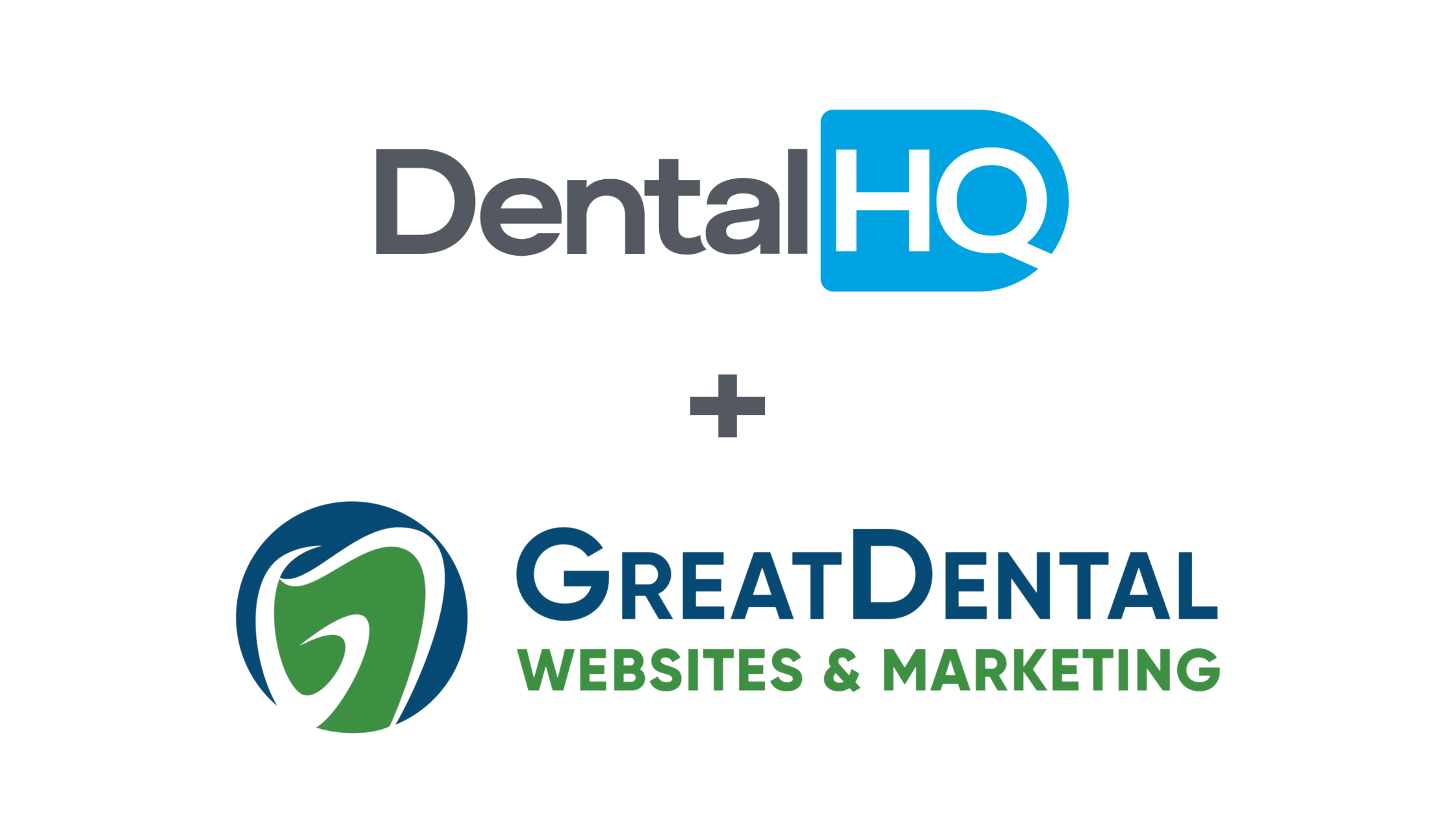 Graphic of DentalHQ logo with a plus sign and the Great Dental Website logo beneath it