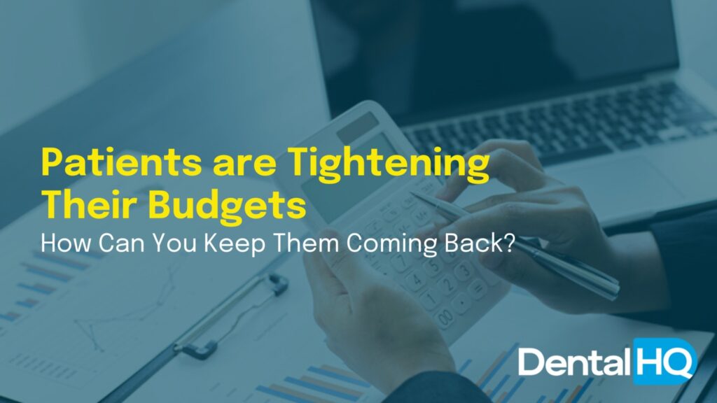 An image of a person using a calculator with a pen in their hand and a computer behind them. There is text on top of the image that says "Patients are Tightening their budgets: How can You Keep Them Coming Back?"